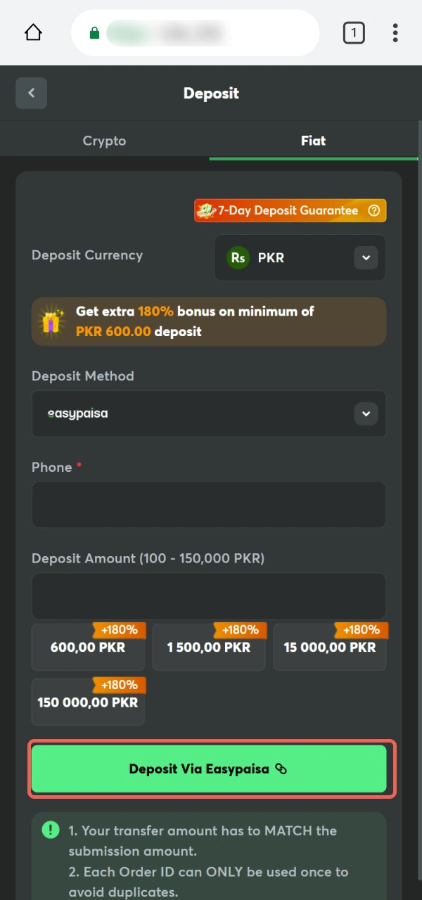 Finalize the official Deposit process on the BC Game PWA site.