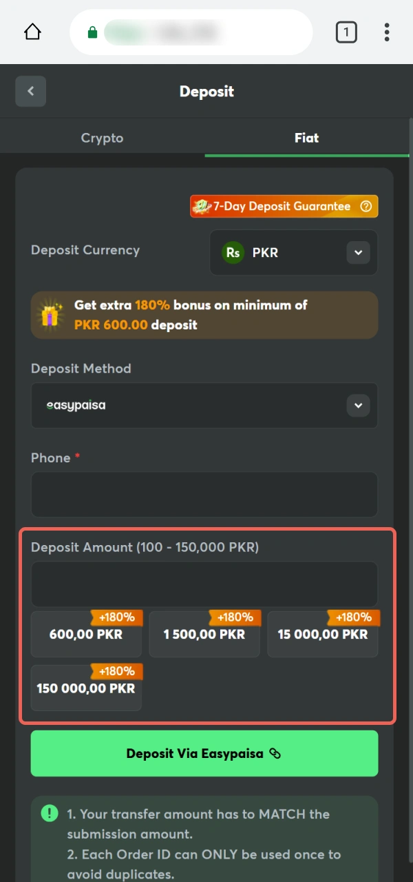 Input the sum you wish for your BC Game PWA Deposit.