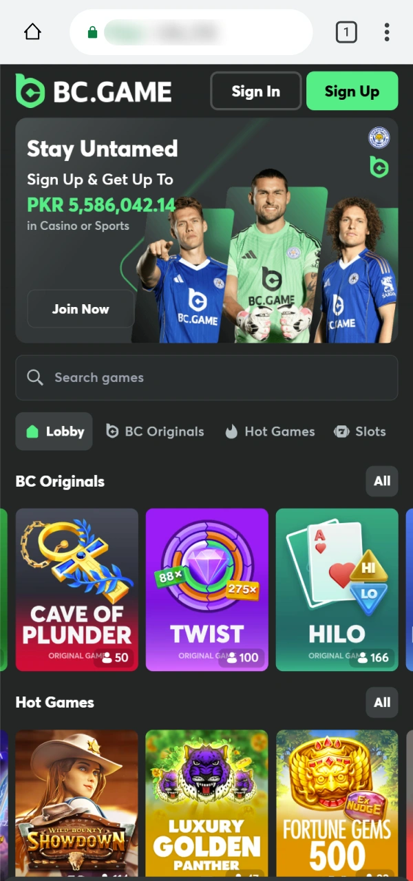 Browse the extensive casino lobby on the BC Game PWA site.