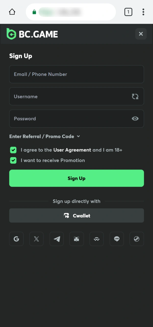 Check the mobile Registration interface within the BC Game PWA app.