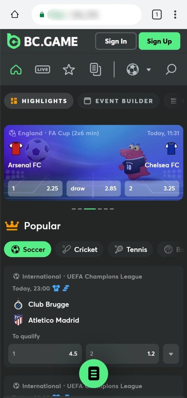 Explore the sports betting markets on the BC Game PWA platform.