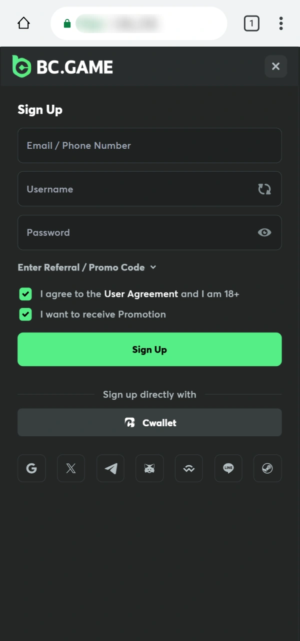 Provide your data to Register at BC Game PWA in Pakistan.