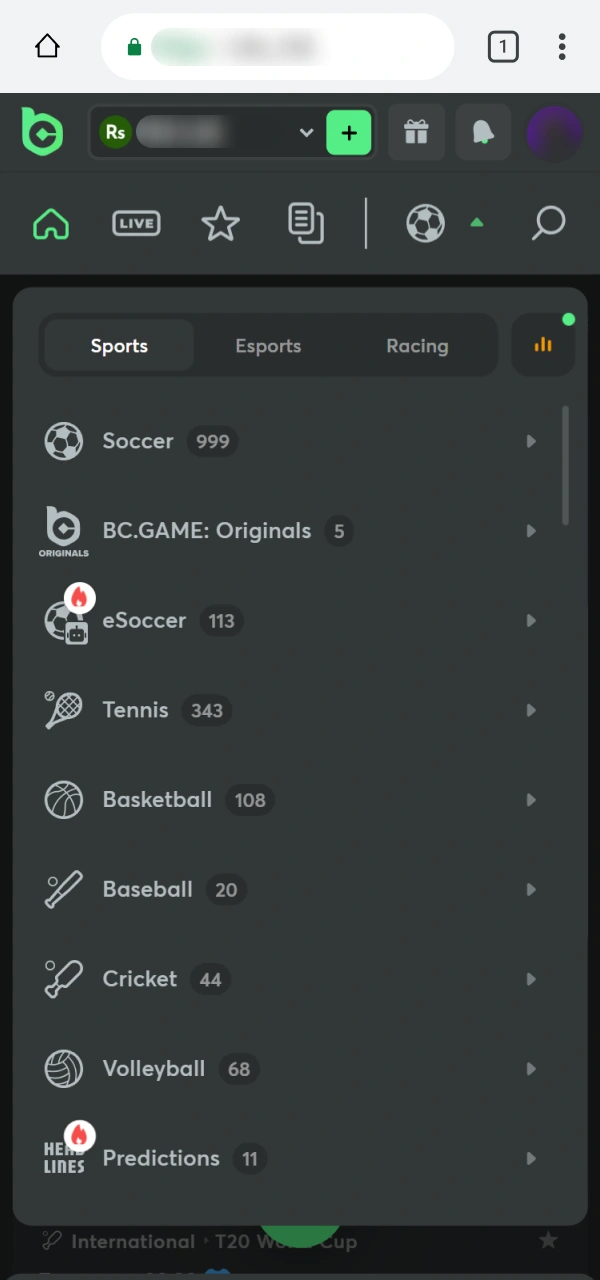 Navigate to the sports area for Betting on BC Game PWA.