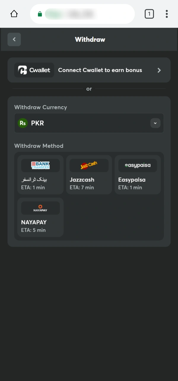 Select a payout system for your BC Game PWA Withdraw action.