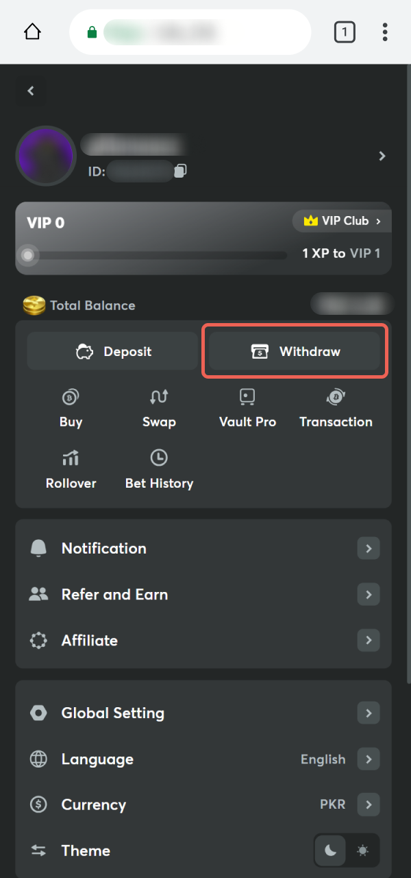 Find the Withdraw area in your BC Game PWA mobile profile.