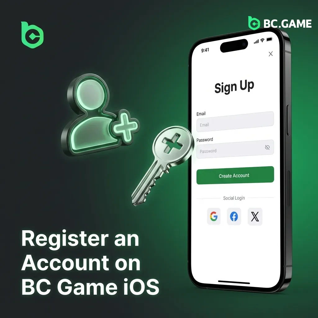 BC Game iOS app sign-up screen showing registration form with email, phone, and social login options