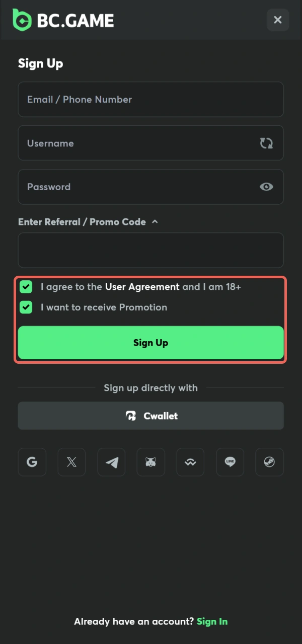 Send your data to finish BC Game Registration on your device.