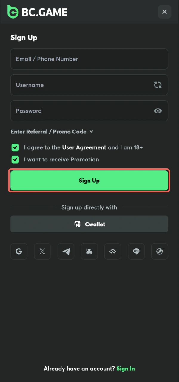 Pass the security check to Sign Up for a BC Game account.