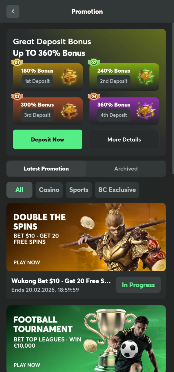 Find your available Bonus offers on the BC Game platform.