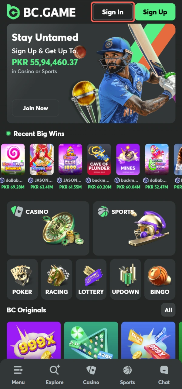 Navigate to the official Log In section of the BC Game site.