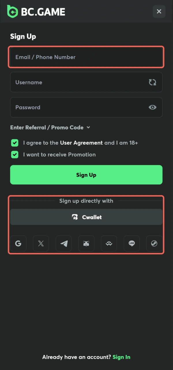 Choose a convenient way to join via the BC Game Mobile app.
