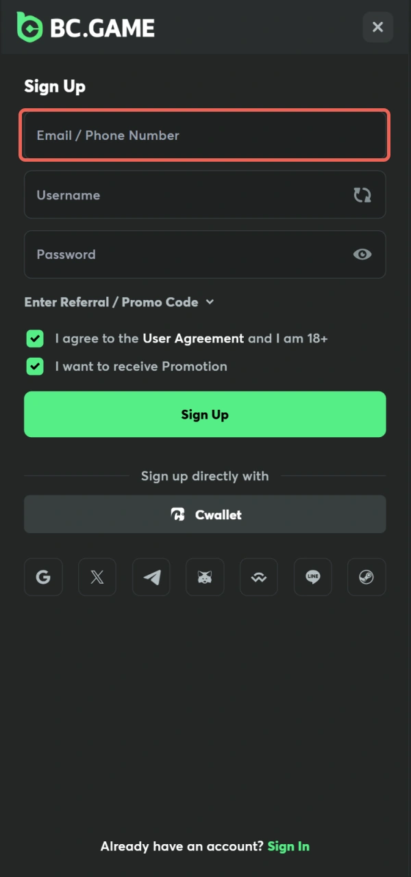 Pick your preferred way to Sign Up for a BC Game profile.