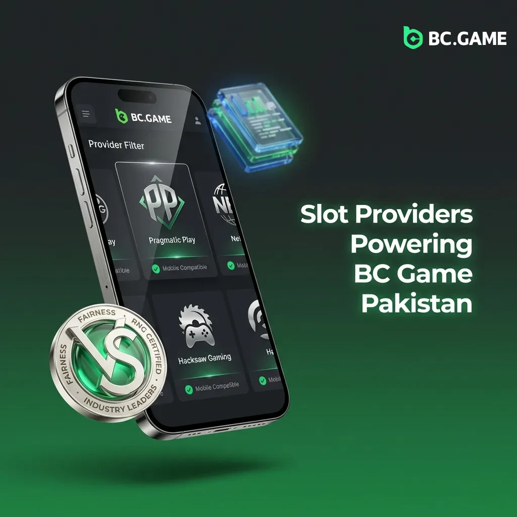 BC Game Pakistan slot provider logos including Pragmatic Play, Hacksaw Gaming, NetEnt, and other gaming studios