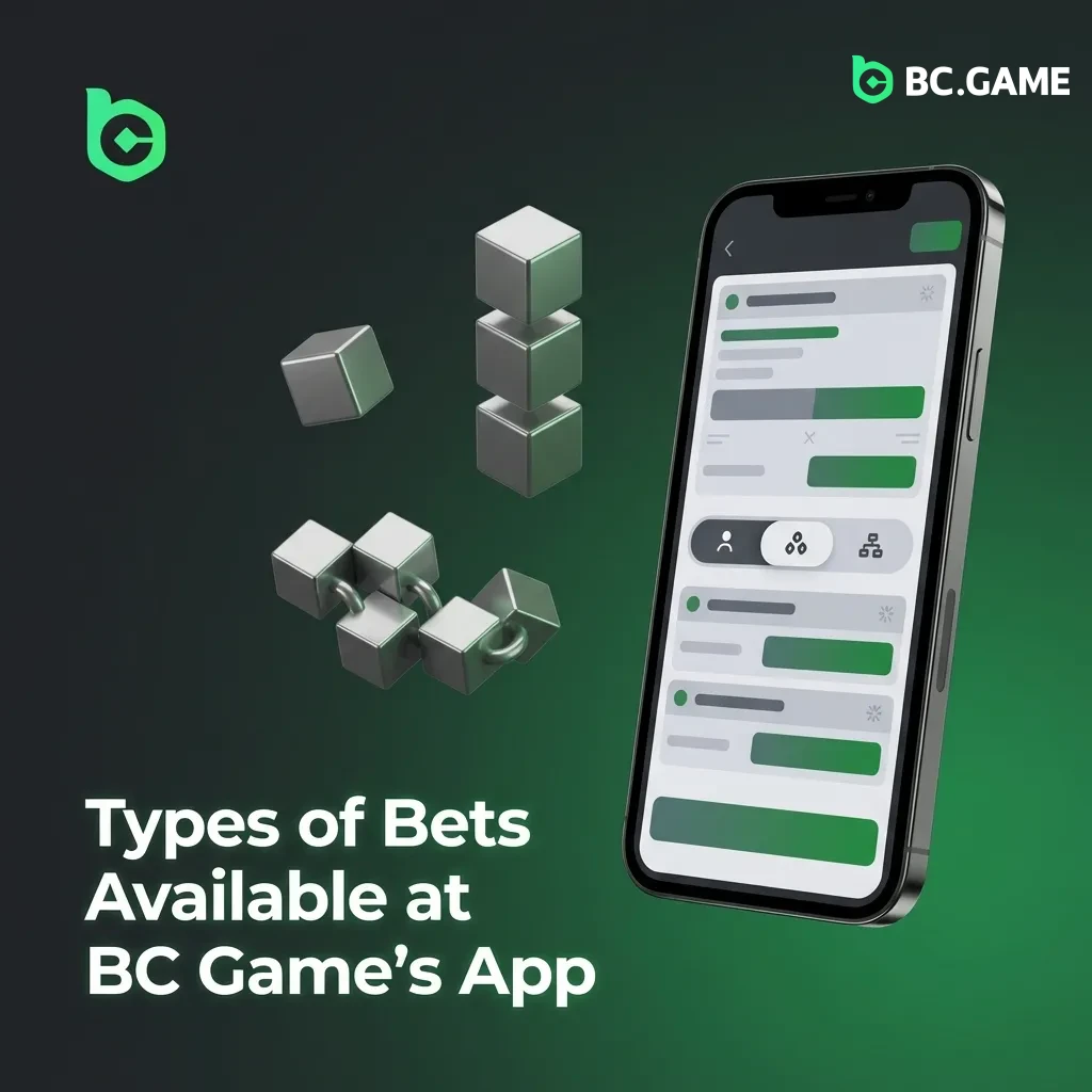 BC Game app interface showing betting options including single bet, accumulator, treble, system bet, and line bet types.