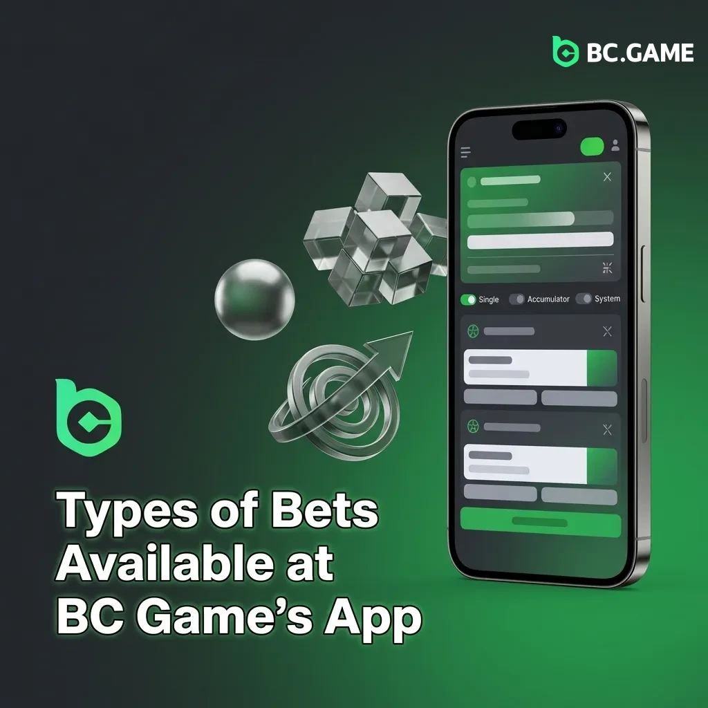 BC Game app interface showing different betting options including single, accumulator, system, handicap, over/under, and live bets