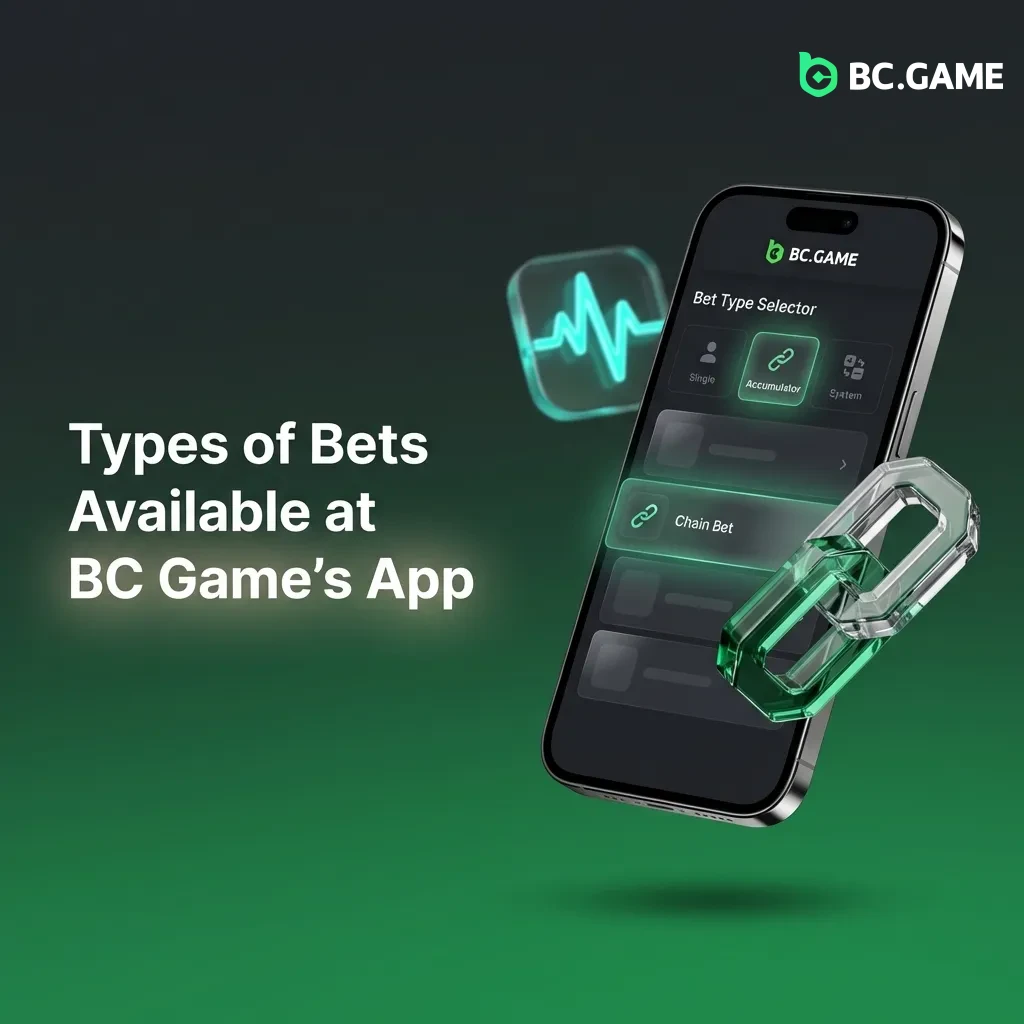 BC Game app interface showing different betting options: single, accumulator, system, chain, and live bet types.