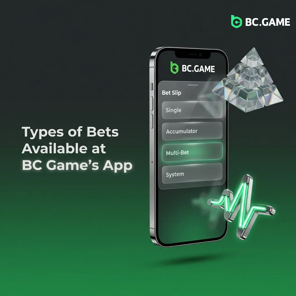 BC Game app betting slip showing various bet types including single, accumulator, treble, system, and live betting options.