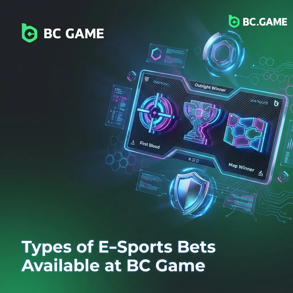 E-sports betting options at BC Game including match winner, map winner, handicap, totals, and live betting markets