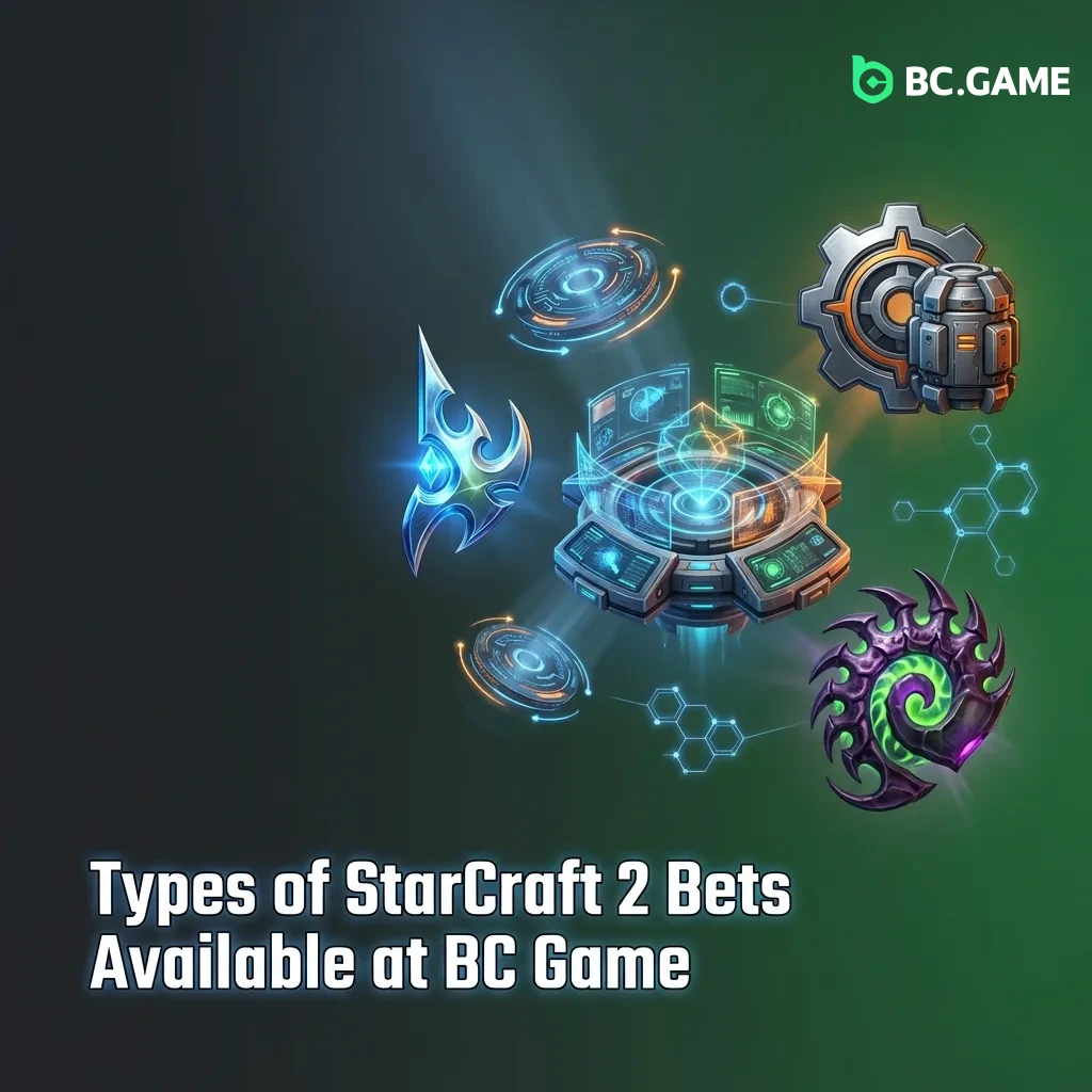 StarCraft 2 betting options interface showing match winner, map bets, tournament odds, and live betting markets at BC Game