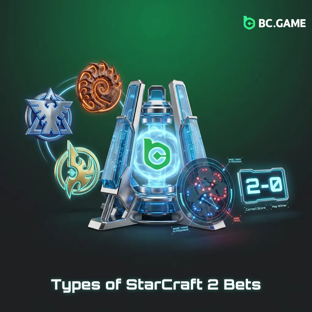 StarCraft 2 betting options interface showing match winner, map bets, and tournament markets at BC Game