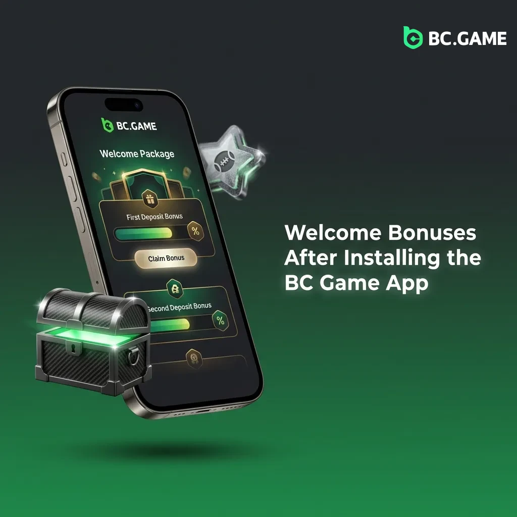 BC Game app welcome bonus showing 380% package up to PKR 5.5M with deposit matches, free spins, and sports bets