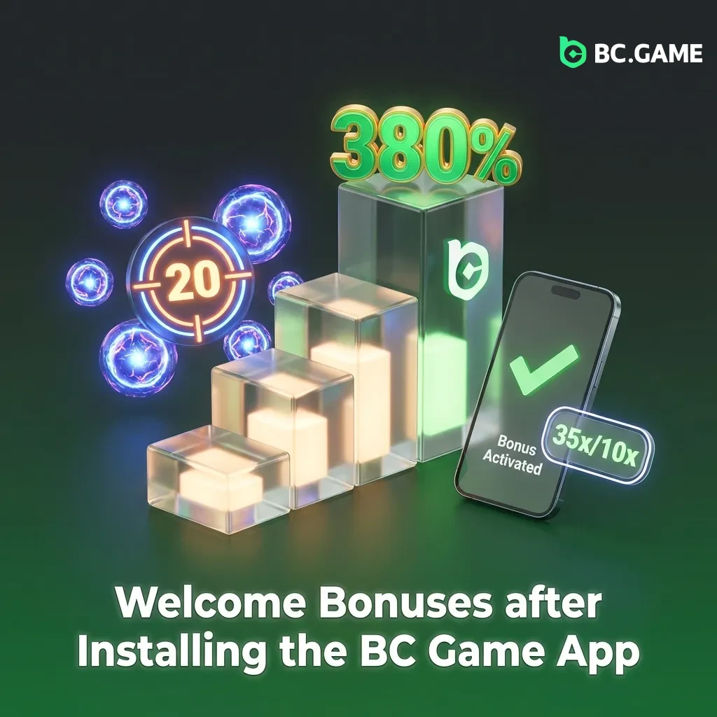 BC Game app welcome bonus package showing 380% match bonus up to INR 1.8M plus free spins and sports bets for India