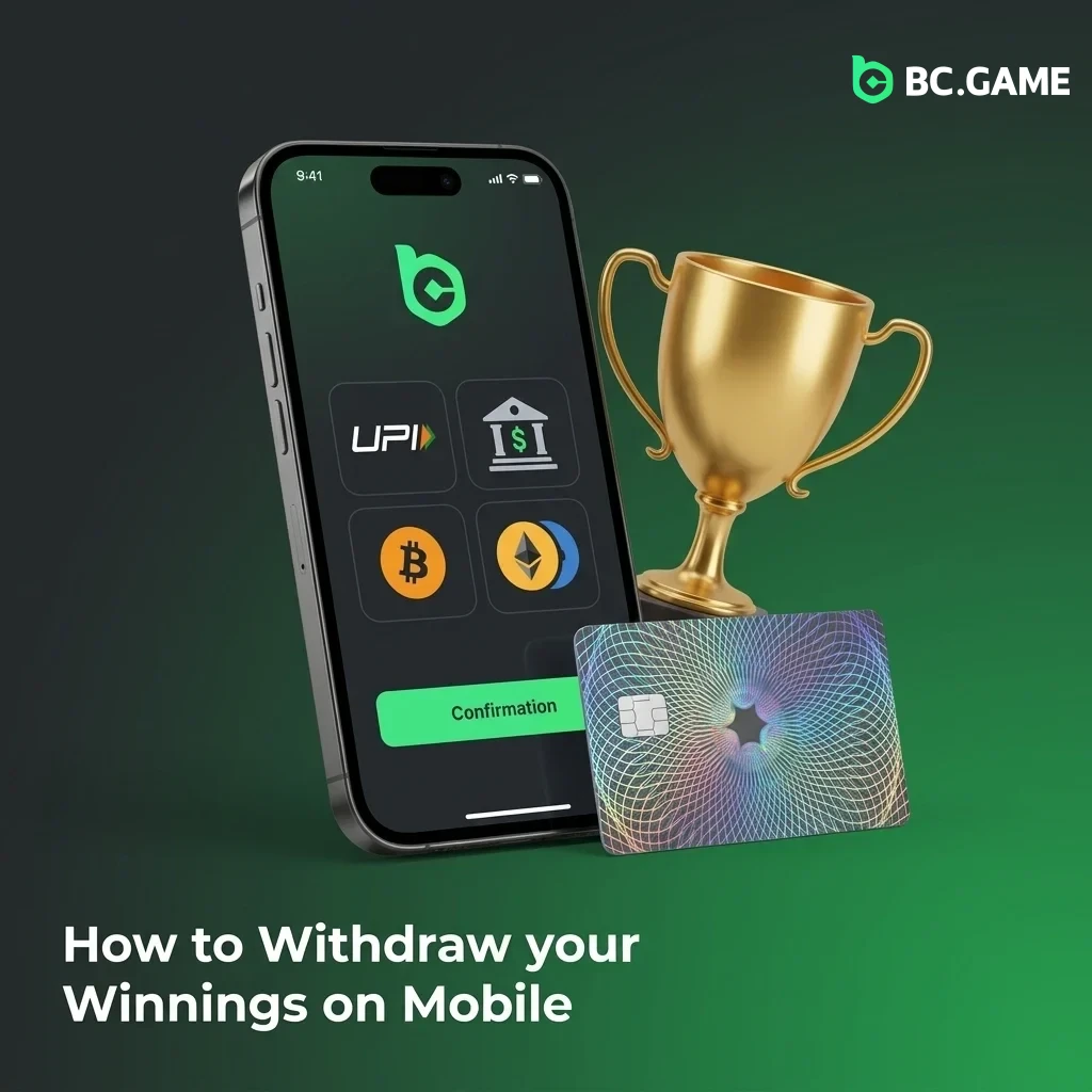 BC Game app withdrawal screen showing steps to withdraw winnings via UPI, bank transfer, or cryptocurrency on mobile